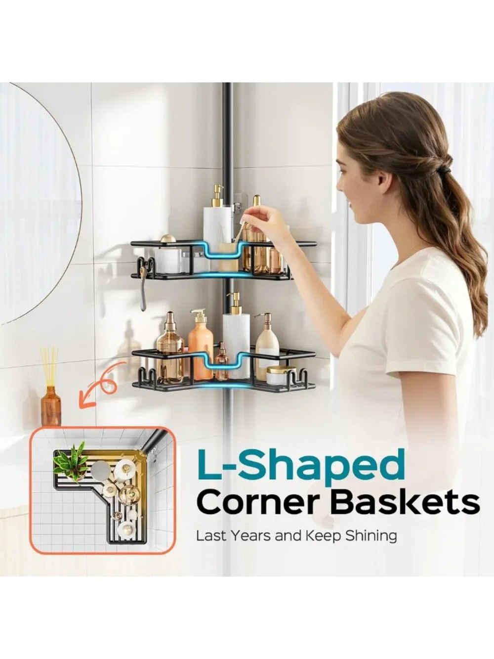 Adjustable 4-Tier Shower Caddy Tension Pole - Rustproof Corner Organizer Rack
